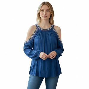 NEW Como Vintage Cold Shoulder Embroidered Top Medium Blue Bohemian Peasant